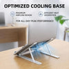 An adjustable foldable laptop cooling stand is shown under a laptop, designed for optimized cooling and heat dissipation.