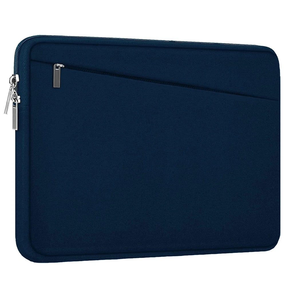 Housse de laptop rembourrée bleu marine avec fermeture éclair et porte-clés attaché.