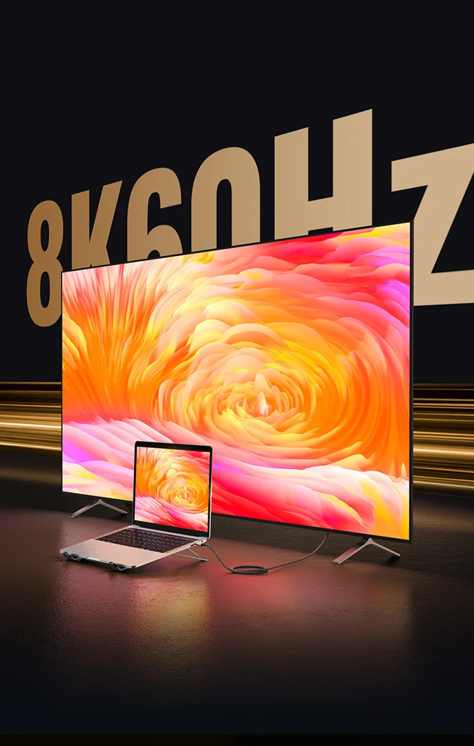 Ein Laptop vor einem großen 8K-Monitor, der ein leuchtendes orange-pinkes Wirbelmuster zeigt.