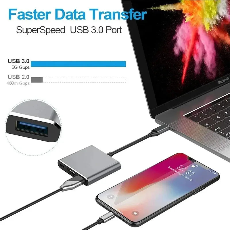 A 3-in-1 USB-C to HDMI docking adapter connects a laptop to a smartphone for data transfer.