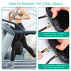 Instructions showing how to remove a steel cable from a portable combination lock box by pushing buttons to pull the left or 