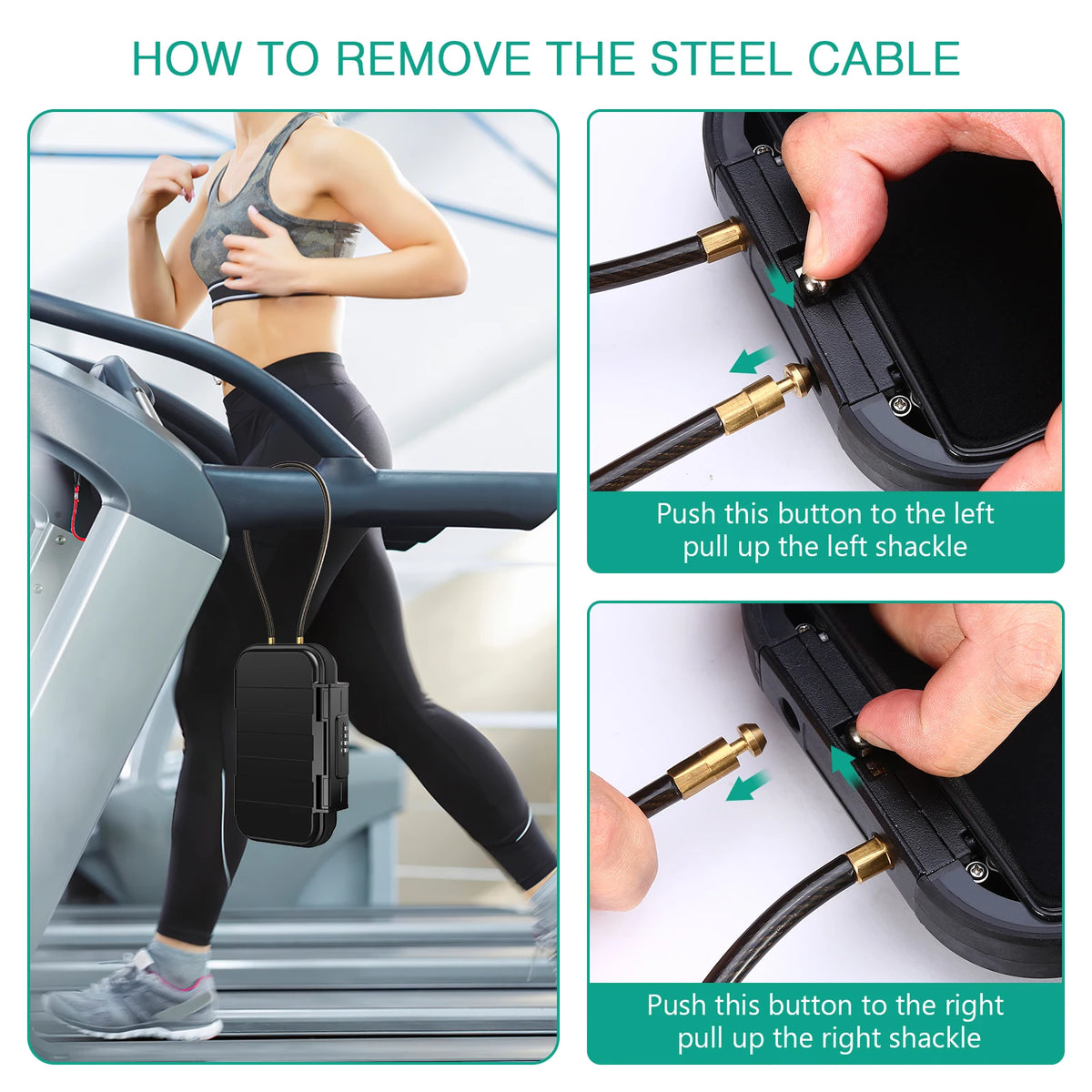 Instructions showing how to remove a steel cable from a portable combination lock box by pushing buttons to pull the left or 