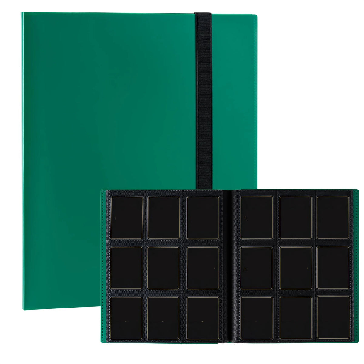 Una carpeta verde con cubierta negra y múltiples bolsillos de tarjetas negras para coleccionar cartas.