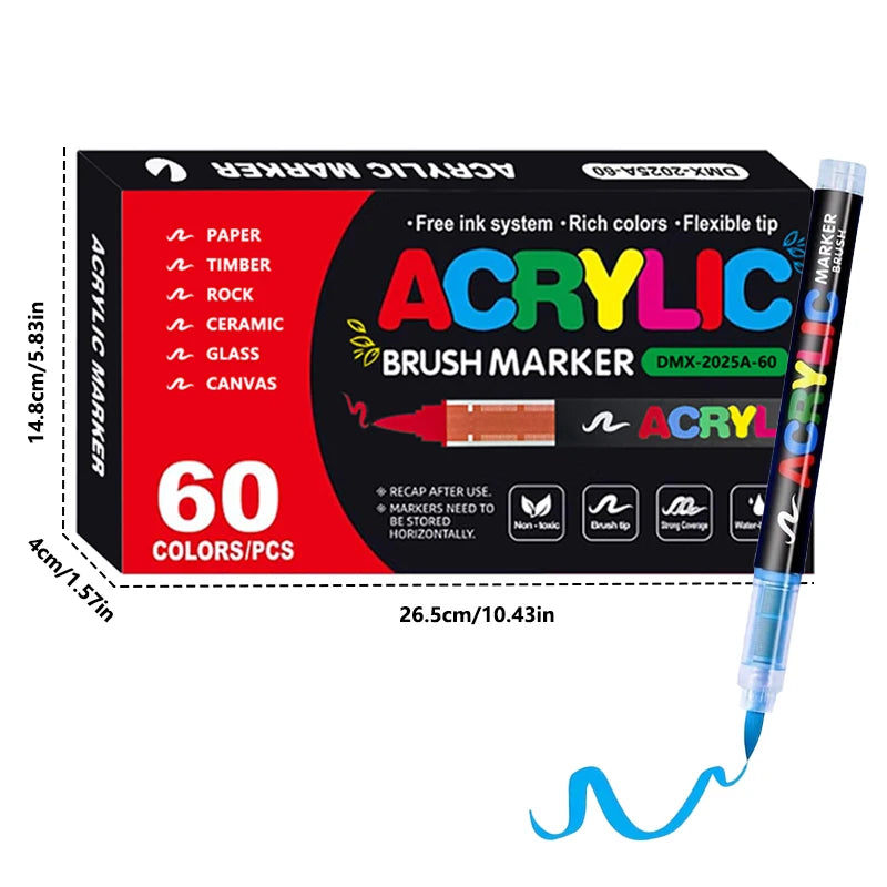A set of 60 acrylic brush markers in various colors packaged in a black box with size measurements.