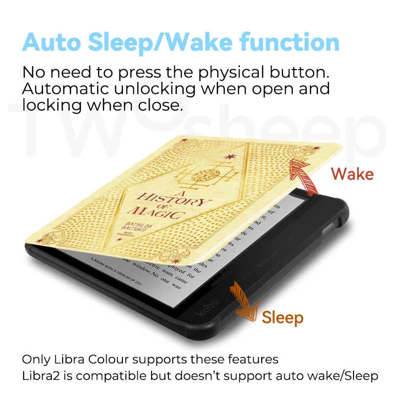A yellow vintage magic book cover displayed next to a Kobo e-reader, illustrating auto sleep/wake functionality.