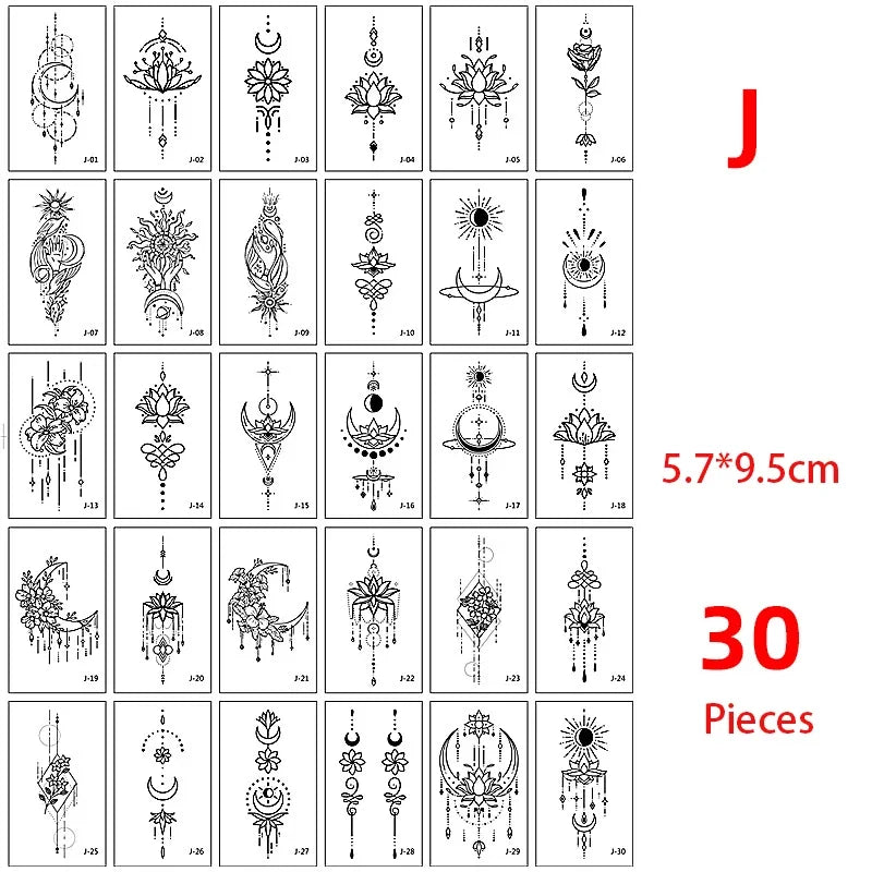 Una hoja de 30 pegatinas temporales con diseños florales y mandalas intrincados.