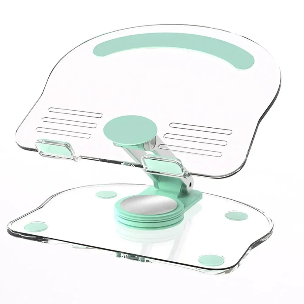 A clear, light green adjustable tablet and phone stand with a silicone grip.