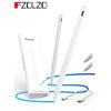 A white precision stylus pen is shown next to its packaging and various tips for an iPad.