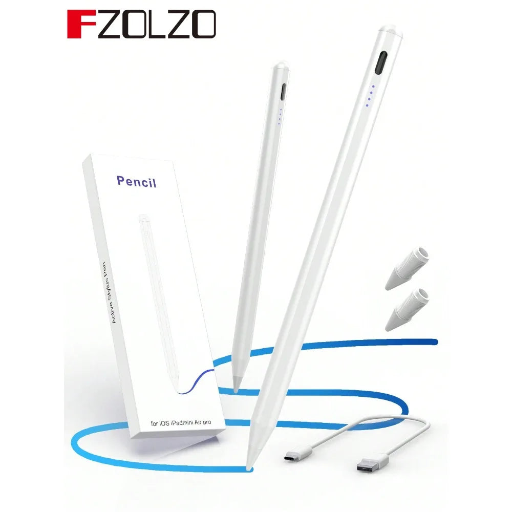 A white precision stylus pen is shown next to its packaging and various tips for an iPad.