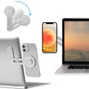 Eine faltbare magnetische Halterung hält ein Smartphone und einen Laptop in der Luft.