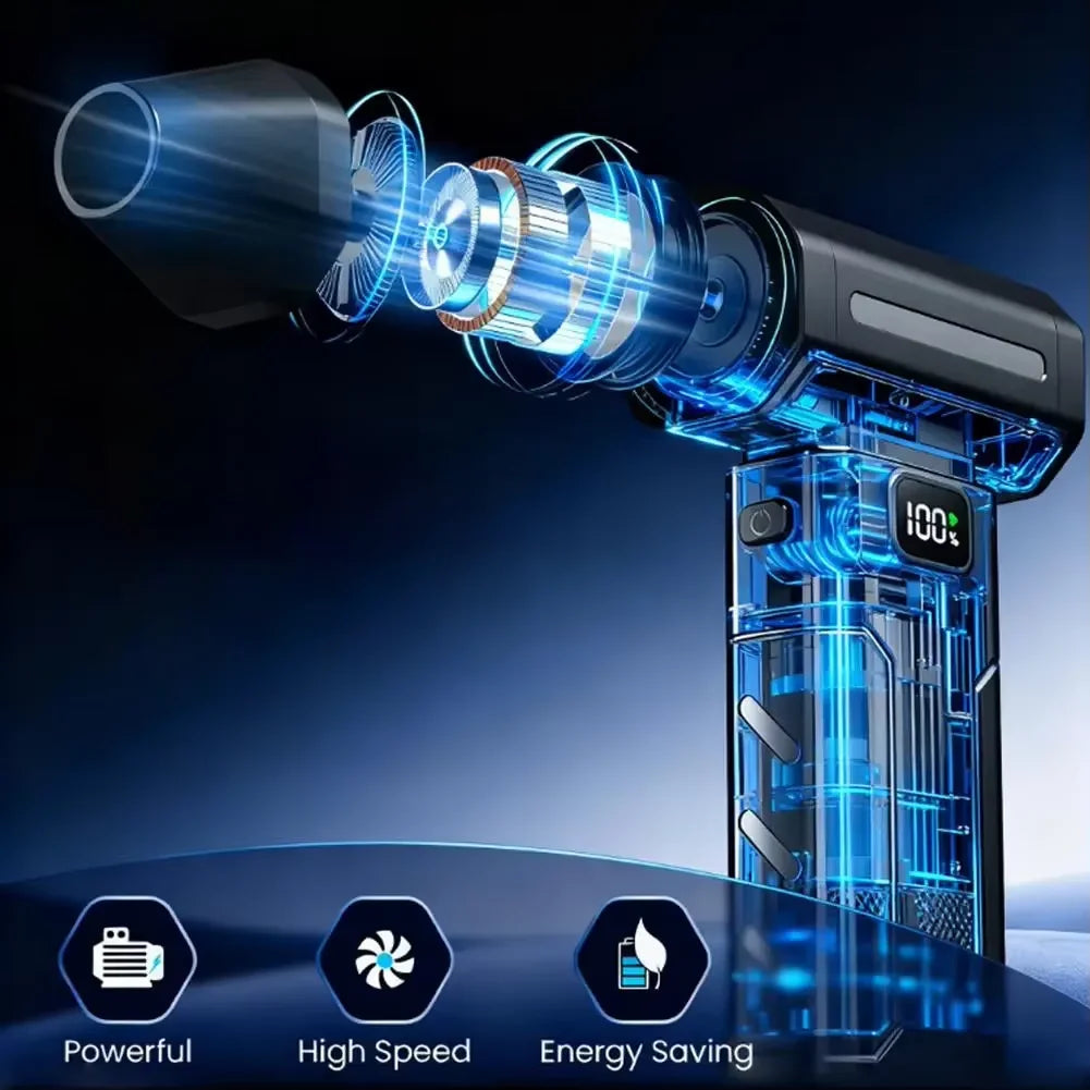 Primer plano de un soplador de aire sin escobillas de alta velocidad con componentes azules brillantes y una pantalla digital