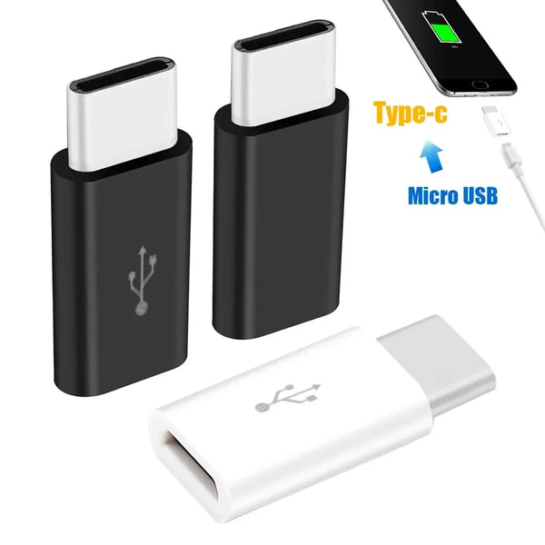 A black adapter converts a USB Type-C connection to a Micro USB connection, shown alongside the original cable and a smartpho