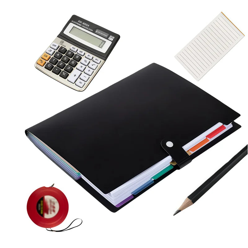 A black A4 7-pocket expanding file folder with a calculator and a pencil shown on a white background.
