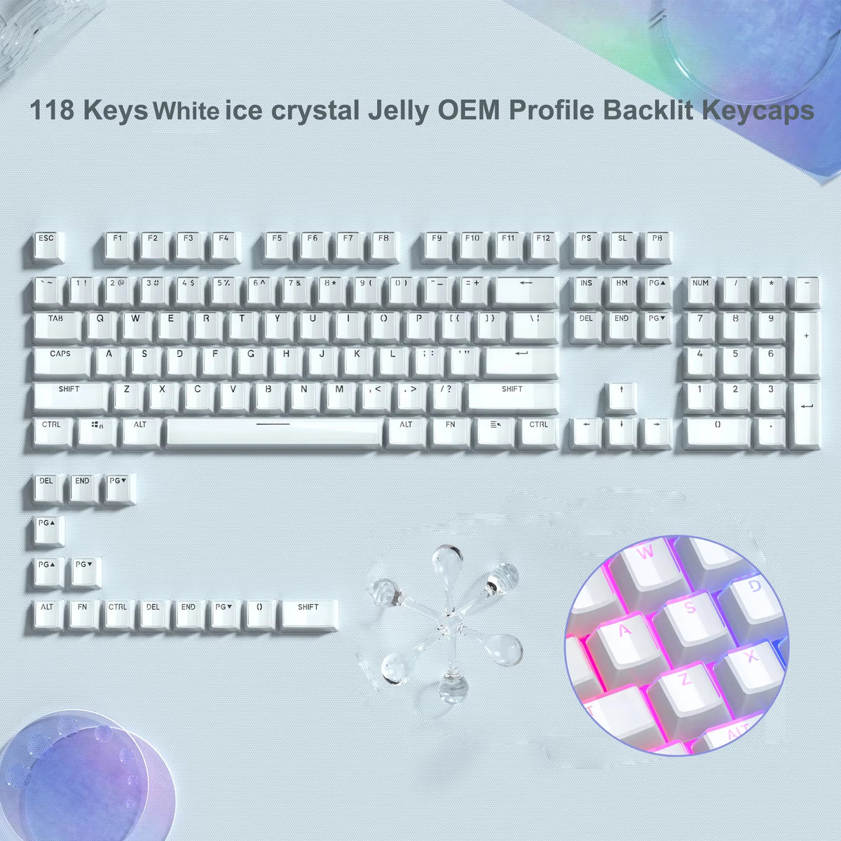 A set of 118 white ice crystal jelly OEM profile backlit keycaps for mechanical keyboards.