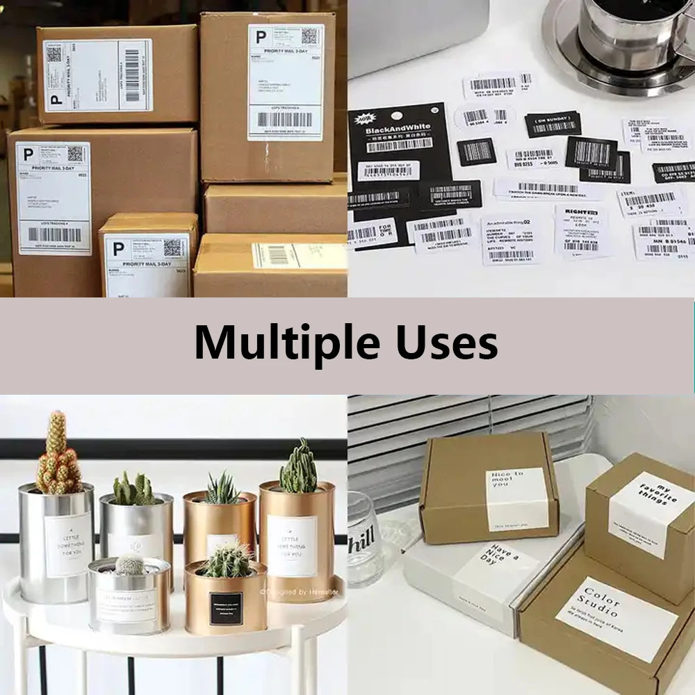 Colección de etiquetas térmicas autoadhesivas marrón y negra y cajas de cartón para diversos usos.