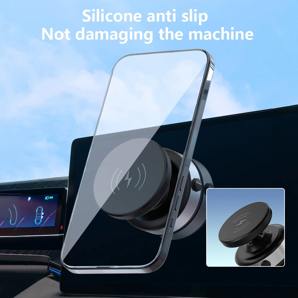 A silicone anti-slip clear cover protects a magnetic wireless car phone charger with 360° rotation.