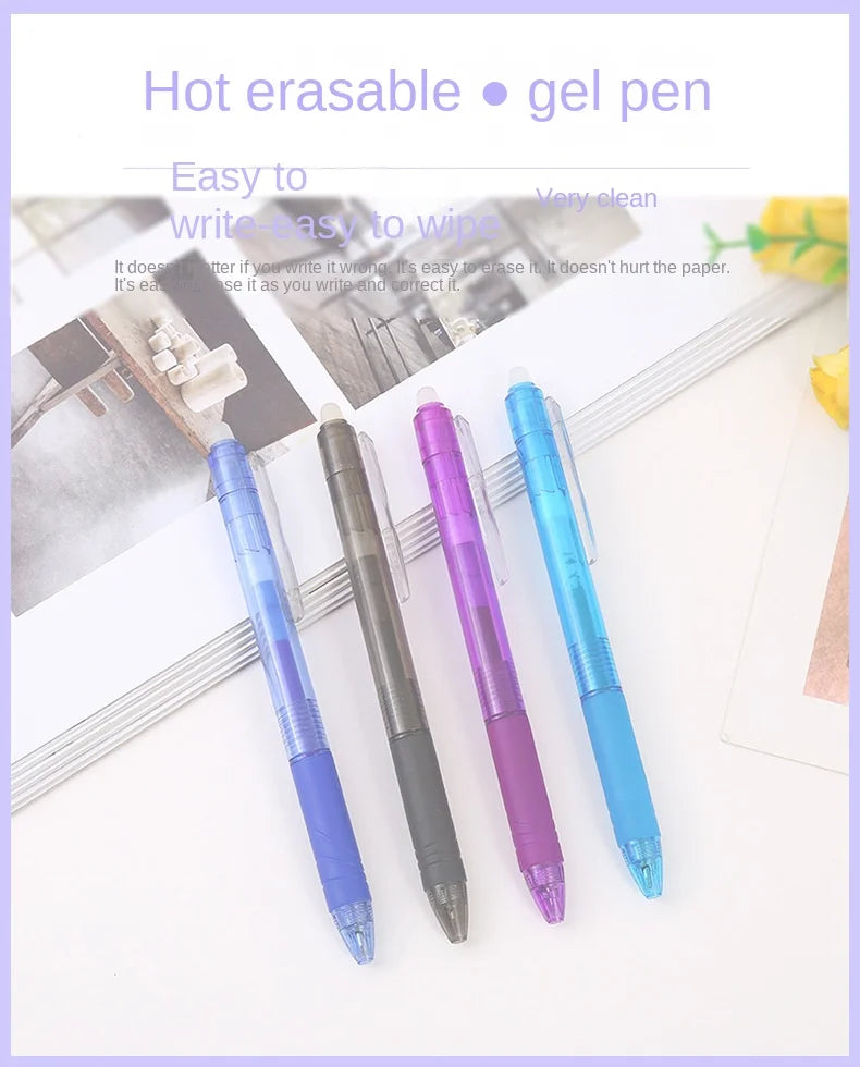 A set of eight colored retractable gel pens, including blue, purple, and cyan, displayed on a white background.