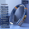 A glossy blue bladeless neck fan shown in a profile view with various features listed.