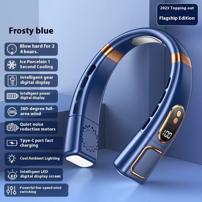 A glossy blue bladeless neck fan shown in a profile view with various features listed.