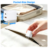 A white pocket-size USB-C fast charging cable is shown being inserted into a beige zippered pouch.