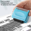 A hand holds a light blue reusable confidential roller stamp placed on a document for security.
