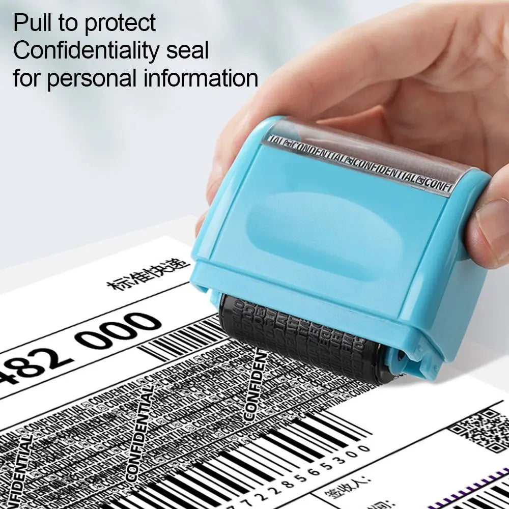 A hand holds a light blue reusable confidential roller stamp placed on a document for security.
