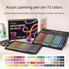 A set of 72 acrylic painting gel pens in various colors displayed next to the packaging box.