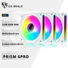 لقطة مقربة لمروحة مبرد سائل Prism 6Pro بإضاءة RGB قزحية وتشطيب مرآة لا نهائي ثلاثي الأوجه.