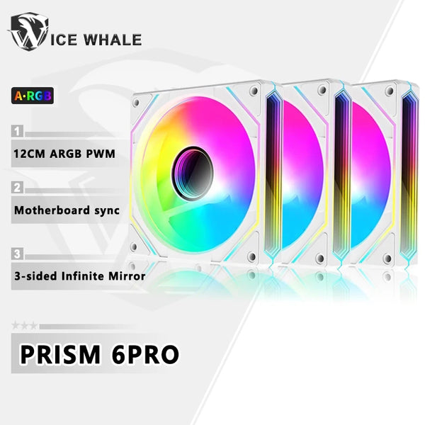 Gros plan d'un ventilateur de refroidisseur liquide Prism 6Pro avec un affichage lumineux RGB iridescent et une finition miro