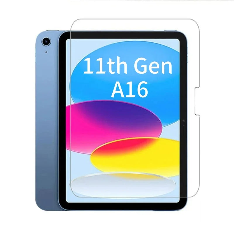 A tempered glass screen protector for an iPad 11th Gen showing the device with a vibrant blue and purple background.