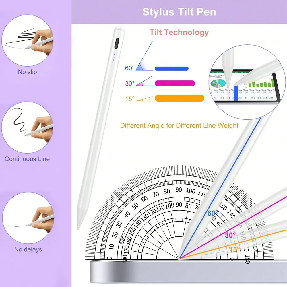 A white stylus tilt pen demonstrating tilt technology with various angles and line weights.