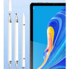 A set of three magnetic stylus pens and a small accessory are shown next to an open tablet displaying colorful abstract art.