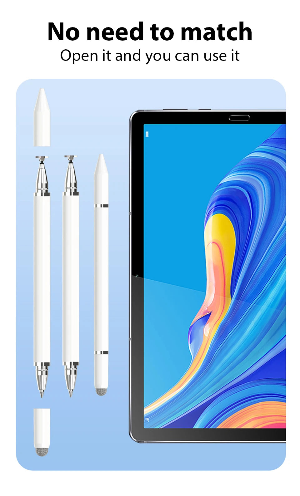 A set of three magnetic stylus pens and a small accessory are shown next to an open tablet displaying colorful abstract art.