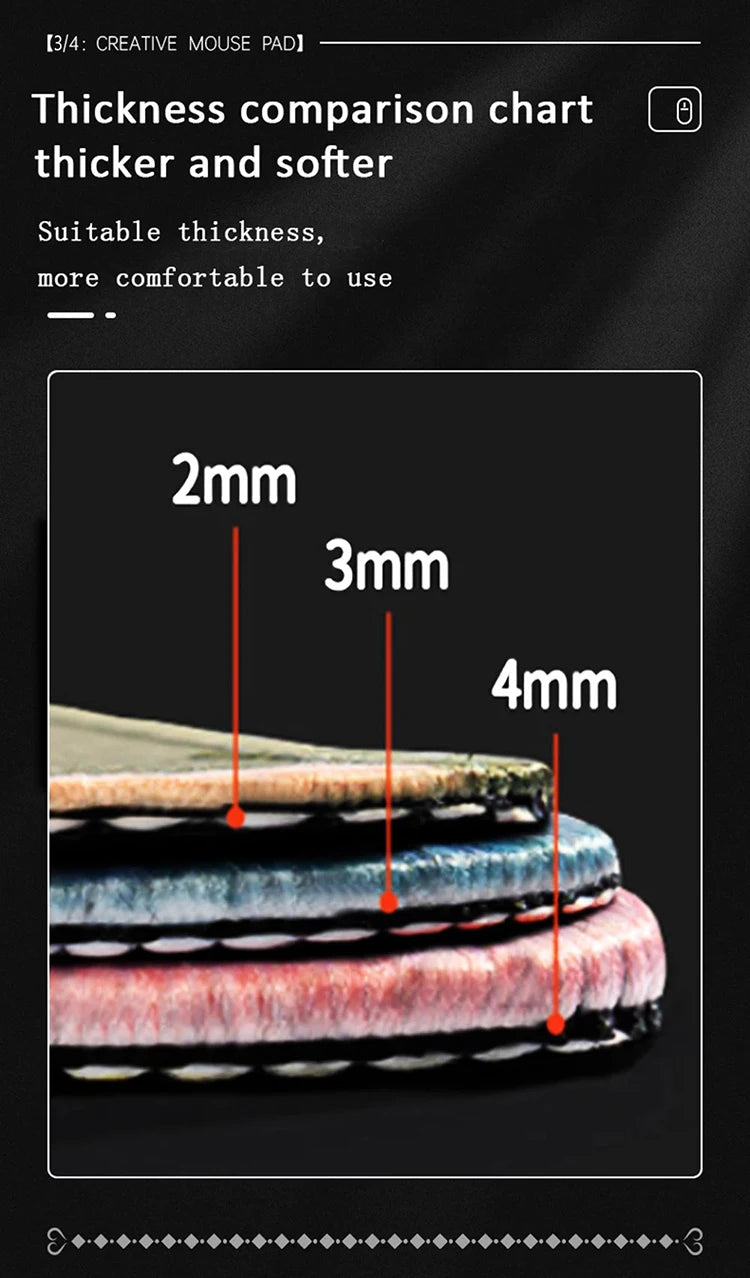Comparison chart showing thickness differences between 2mm, 3mm, and 4mm desk mats.