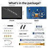 Components included for a 7 inch IPS touchscreen display kit, including the front panel, back PCB, screws, cables, and mounti