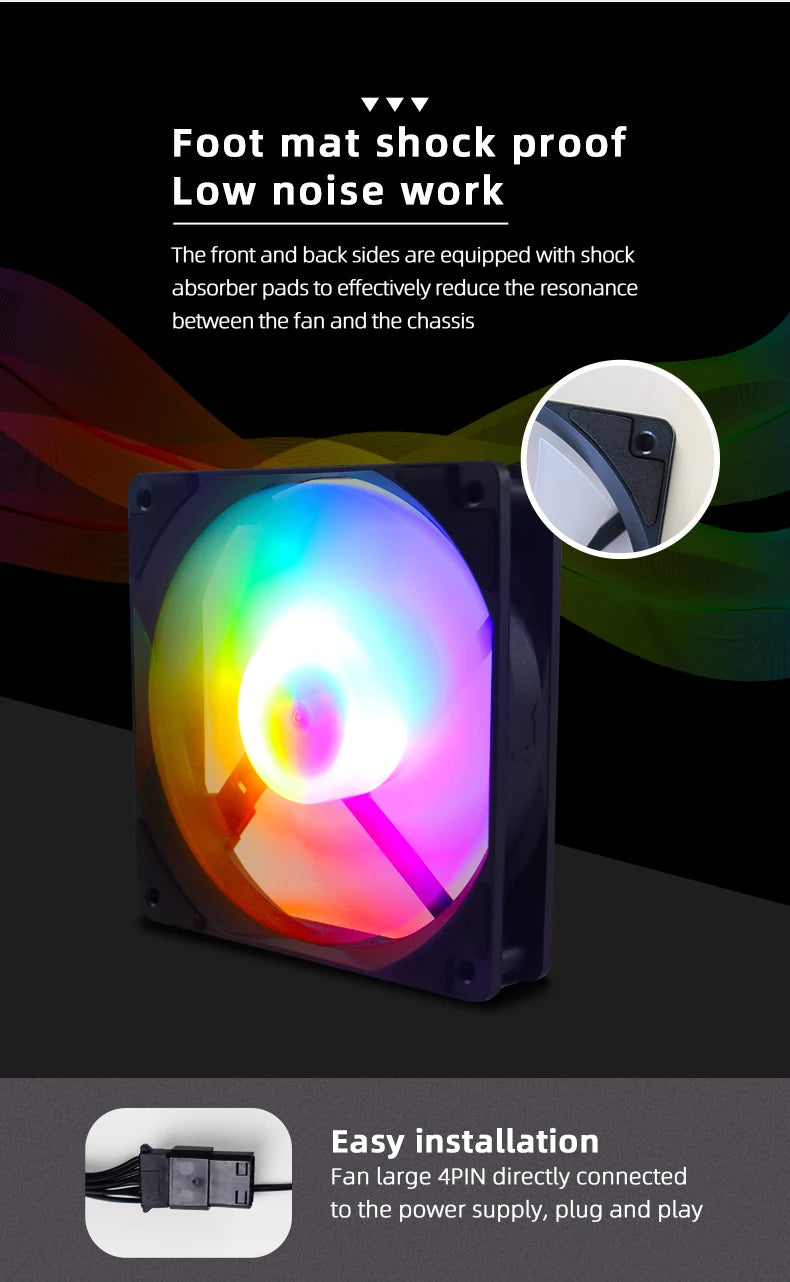 A close-up view of a 120mm RGB computer case cooling fan with shock absorber pads and a 4PIN connector for easy installation.