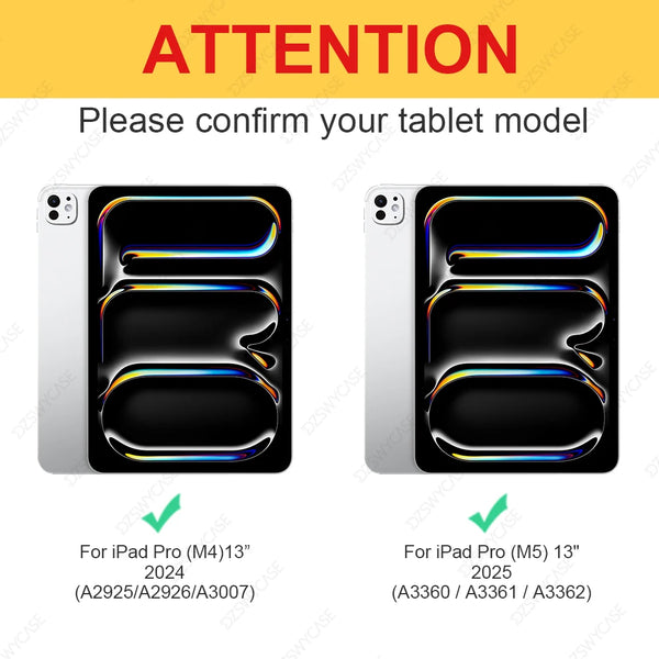 Two images showing options for tablet models, including iPad Pro (M4) and iPad Pro (M5), for confirmation.