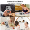 A multi-mode magnetic phone ring holder and stand demonstrating grip, landscape, portrait, and hanging modes.