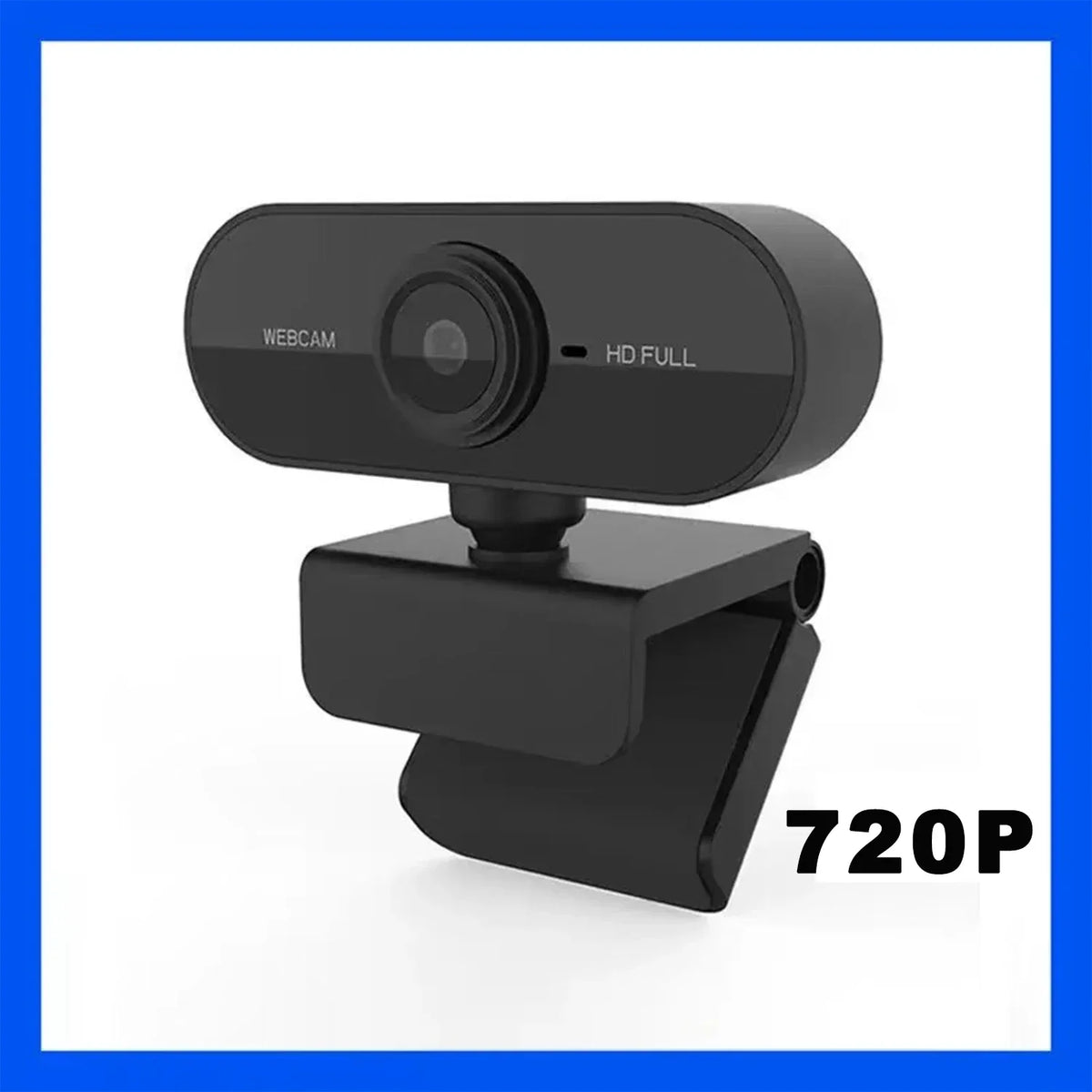 A black 720P HD webcam device with a lens and mounting bracket.
