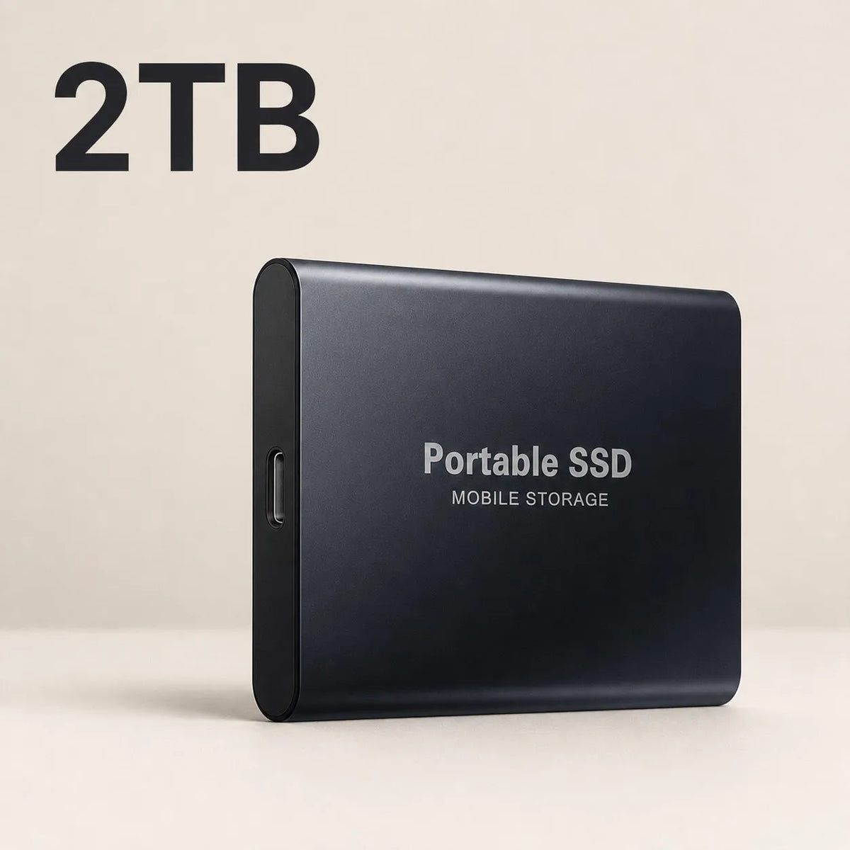 Schwarze tragbare SSD mit Aufschrift Portable SSD Mobile Storage und 2TB Kapazität auf hellem Hintergrund.