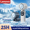 A white portable cooling fan with a folding ice pack neck brace is shown against a snowy background.