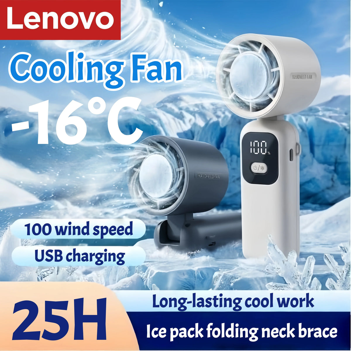 A white portable cooling fan with a folding ice pack neck brace is shown against a snowy background.