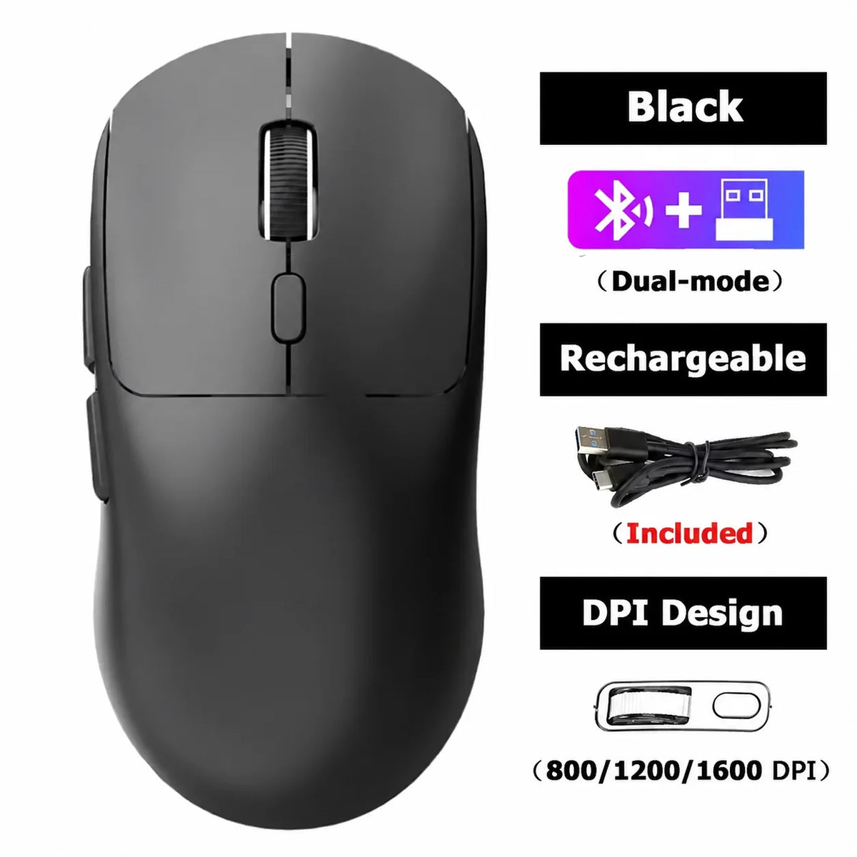 Souris sans fil rechargeable noire double mode avec câble et fonctionnalités DPI