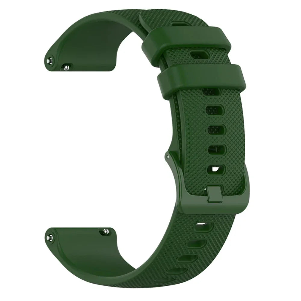 A dark green silicone watch band for a smartwatch, shown from the side.