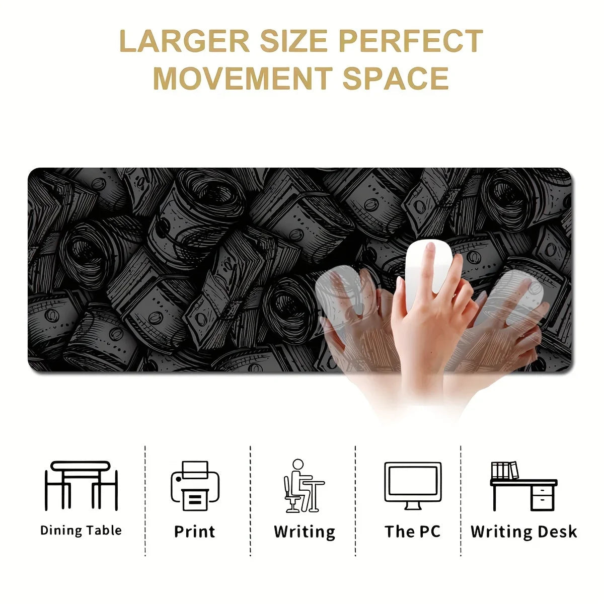 A black desk mat featuring a pattern of rolled paper, shown alongside icons for various desk items.