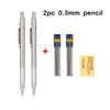 Two 0.3mm HB mechanical pencils in silver casing with blue and black labels