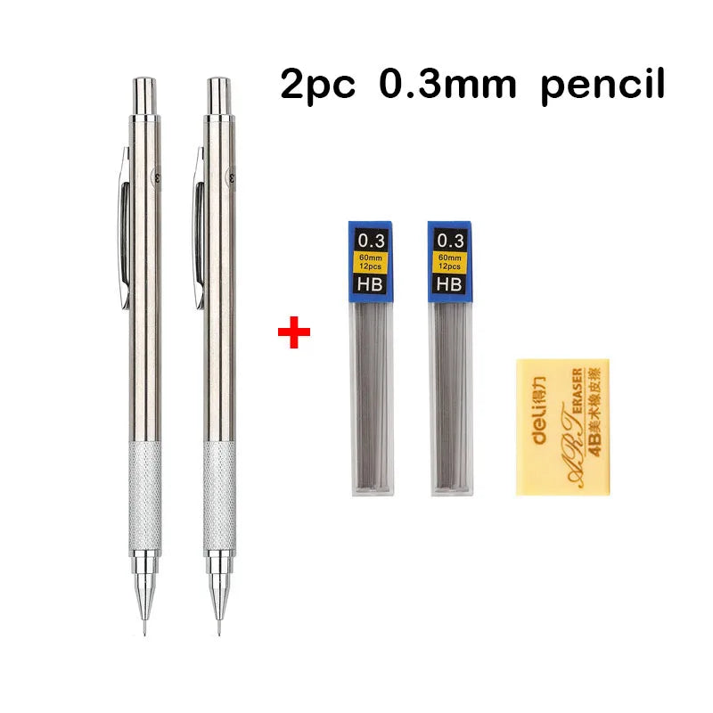 Two 0.3mm HB mechanical pencils in silver casing with blue and black labels