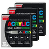 A set of twelve silver acrylic brush markers with various tips and colors displayed in black packaging.