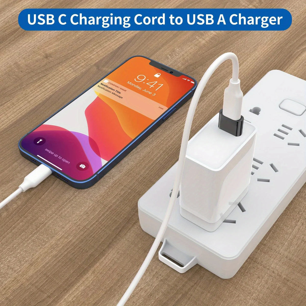A USB C charging cord connects an iPhone to a white USB A charger adapter.