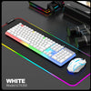 White GTX350 RGB backlit keyboard and mouse combo displayed on a dark surface with colorful light trails.